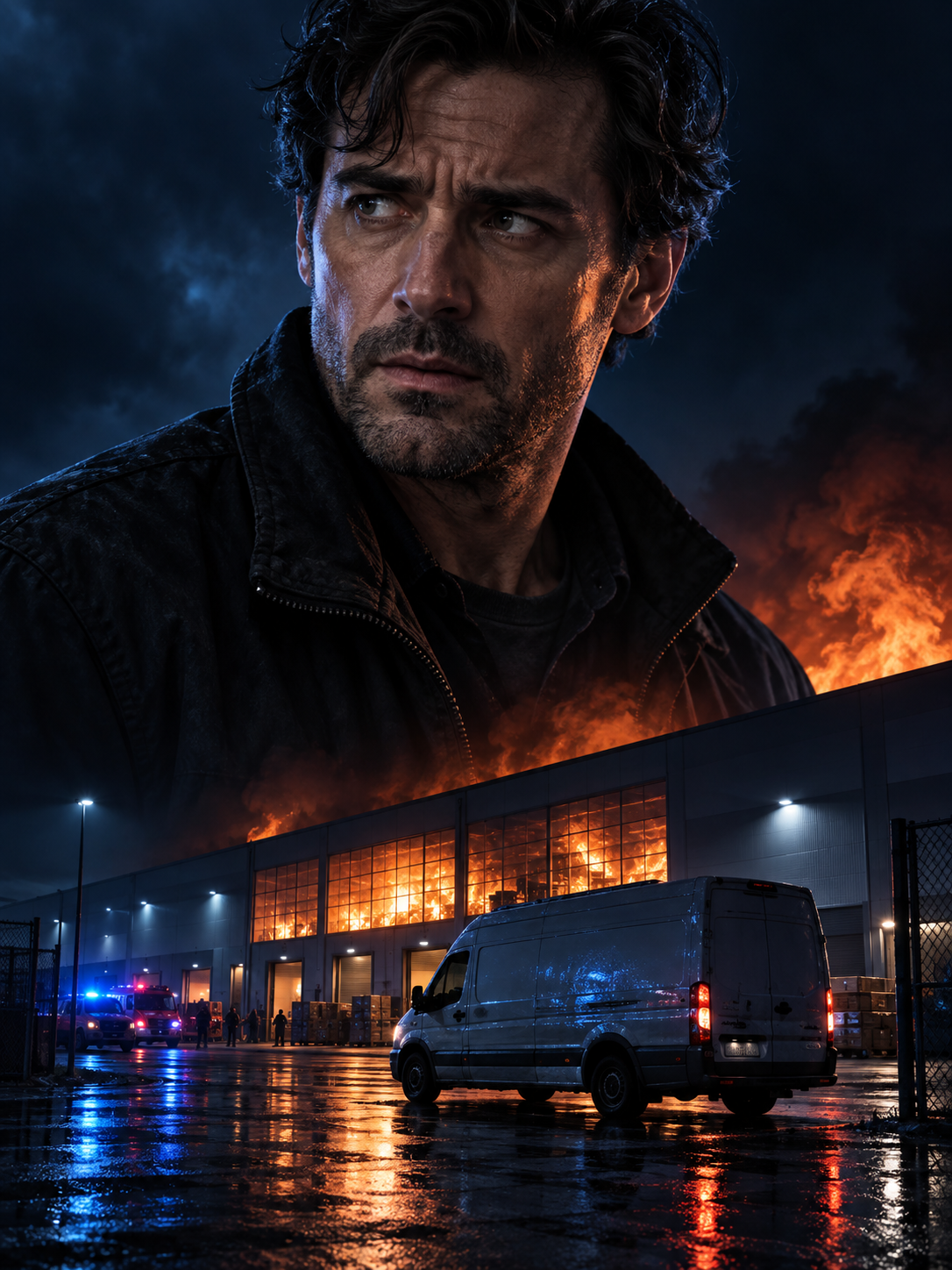 The Last Delivery: a defendant above a warehouse lit by fire